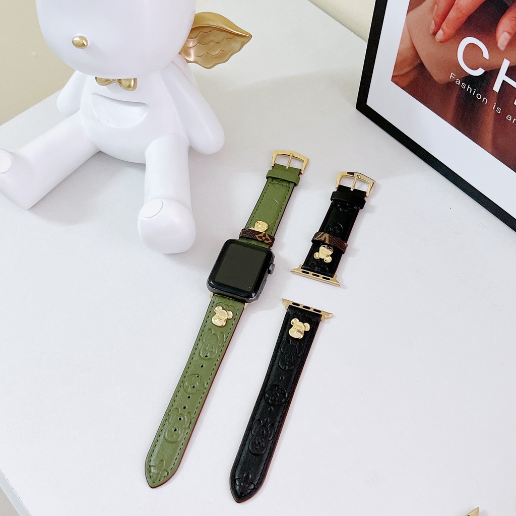 Dây Đeo Bằng Da Đính Đinh Tán Hình Gấu Cho Đồng Hồ Thông Minh iwatch serise 7 6 SE 5 4 3 2 41mm 45mm 40mm 44mm 42mm 38mm