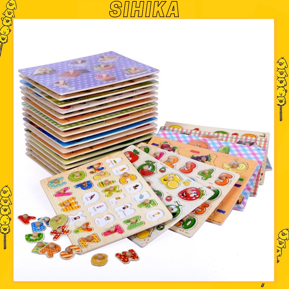 Bảng ghép hình núm gỗ núm nhựa SIHIKA đồ chơi giáo dục bộ xếp hình cho bé nhiều chủ đề