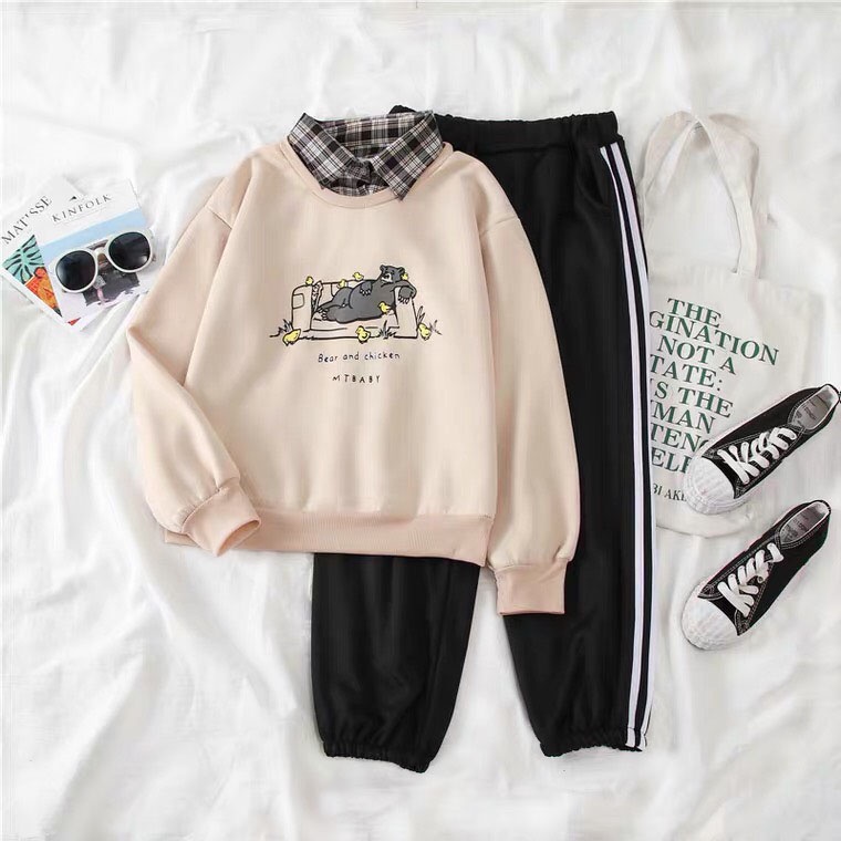 Sét bộ áo nỉ Gấu sofa + quần bo gấu đen (sét 2 món), Áo nỉ Unisex from rộng, thiết kế phong cách, Sét bộ mặc ở nhà - MOD