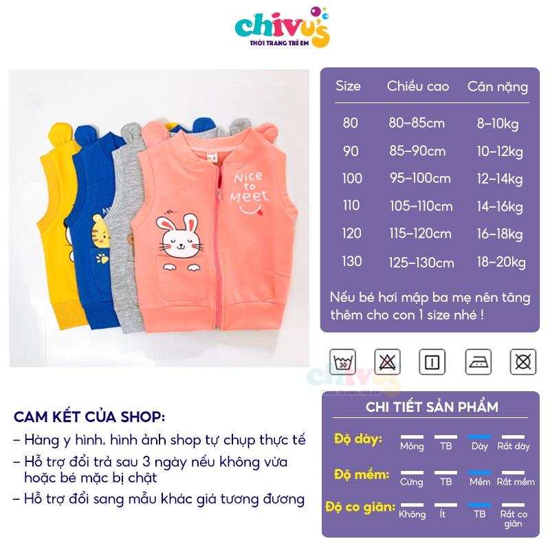 Áo gile cho bé CHIVU'sKID áo gile bé trai bé gái chất nỉ da cá họa tiết tai gấu hoạt hình dễ thương cho bé 8-22kg