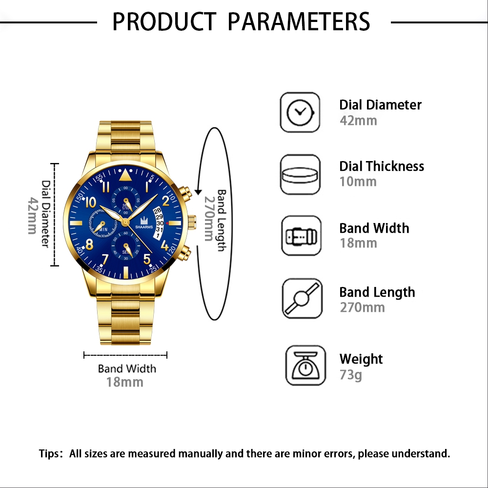 ĐồNg Hồ Nam SHAARMS Men'S Luxury Gold Watch Stylish Stainless Steel Waterproof Quartz Watch