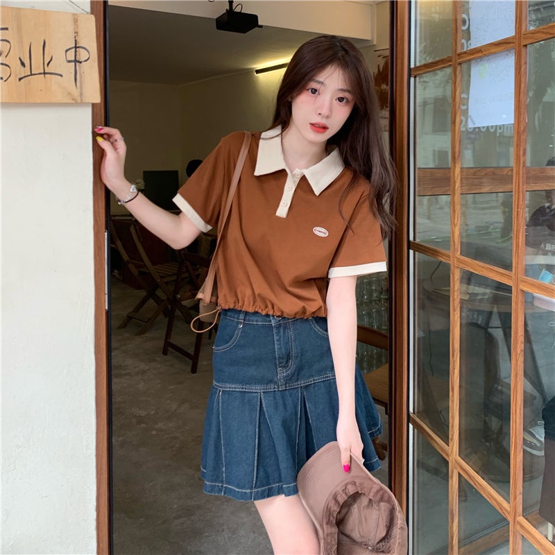COZOK Áo polo Ngắn Tay Ôm Dáng Xinh Xắn Theo Phong Cách retro