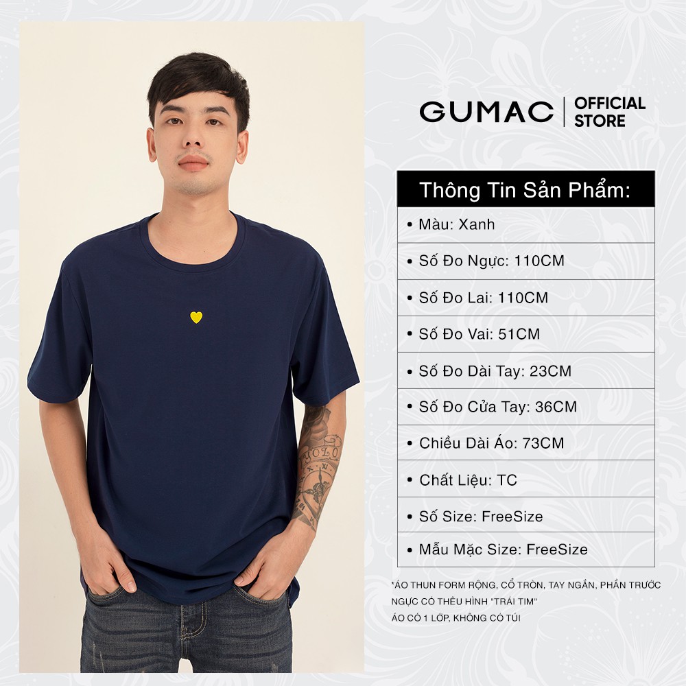 [Mã WABRGD12 giảm 10% đơn 250K] Áo thun nam trơn thêu tim GUMAC màu xanh freesize, ngắn tay thiết kế ABB141 | BigBuy360 - bigbuy360.vn