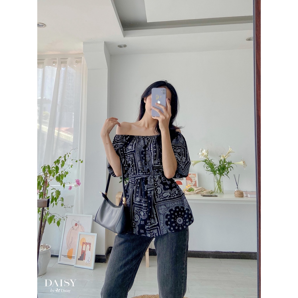 1301064 - Ao voan họa tiết trễ vai kèm dây buộc | BigBuy360 - bigbuy360.vn