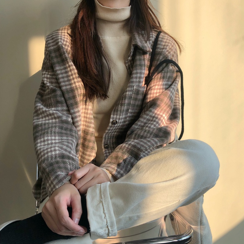 SUXI Áo sơ mi caro tay dài dáng rộng thiết kế mới phong cách Hàn Quốc