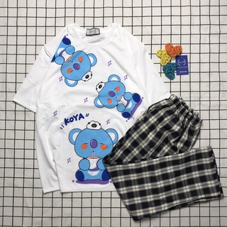 Sét Bộ Quần Áo Ulzzang Girl Style Nữ Ngắn Tay Mặc Đi Chơi, Áo Cotton In 3D Cartoon Ba Voi Mix Quần Ống Rộng Kẻ