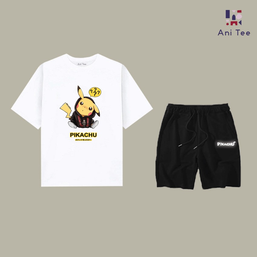 [UNISEX] COMBO ÁO THUN COTTON + SHORT KAKI PIKACHU HOẠT HỌA