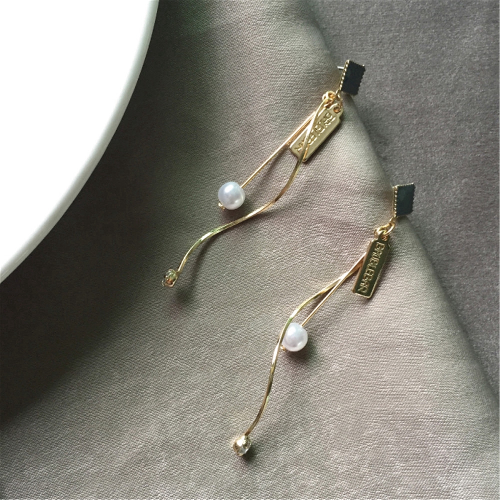 Khuyên tai kim loại dài dạng lượn sóng đính đá zircon/ngọc trai giả thời trang nữ