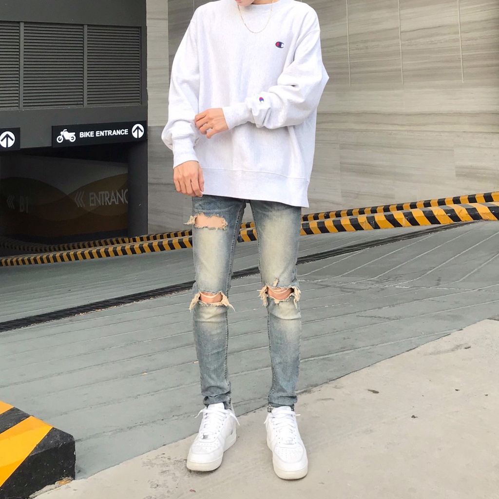 Quần jean nam streetwear cao cấp FNOS NZ10 màu xanh rách gối form slimfit jean thun co giãn | BigBuy360 - bigbuy360.vn