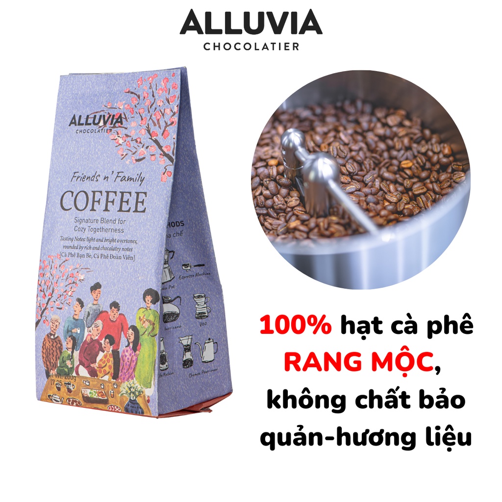 Cà phê nguyên chất rang mộc Alluvia Friend N' Family rang xay gói 200 gram không chất bảo quản hương vị đậm đà