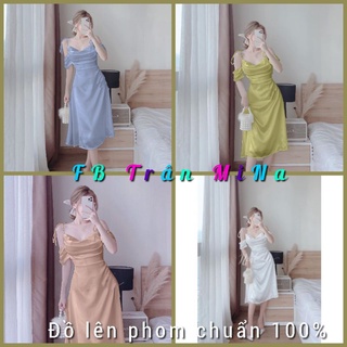 Đầm 2 dây rớt vai cổ đổ ngực xếp ly đủ 4 màu