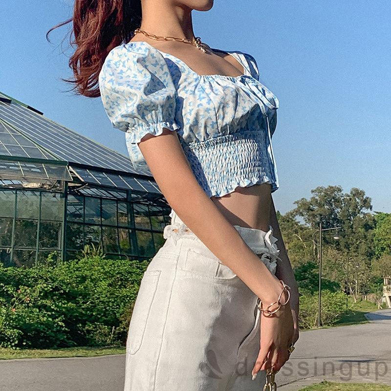 DRESSINGUP-Áo Croptop Cổ Vuông Tay Phồng Họa Tiết Hoa Nhí Thời Trang Mùa Hè Cho Nữ
