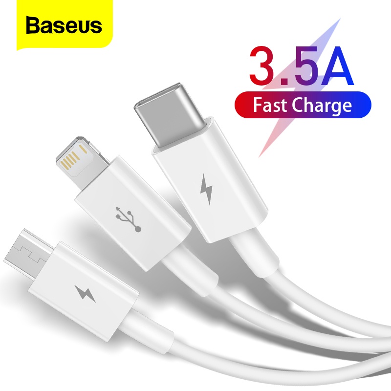 Cáp sạc dữ liệu Baseus cổng type C micro lightning có đèn 3 trong 1 1.5m cho điện thoại iphone