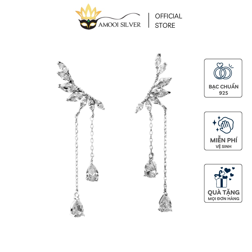 Bông Tai Bạc S925 Khuyên Vành Tai Mẫu Đôi Cánh Đính Đá Tua Rua - Amooi Silver AB74
