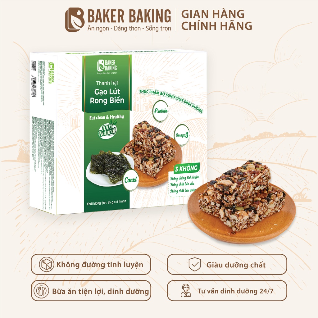 Thanh hạt gạo lứt rong biển Baker Baking không đường, thanh bar energy tiện lợi cho người eatclean, tập gym, tăng cơ 25g