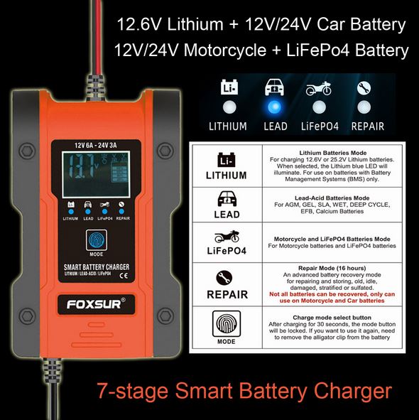 Sạc bình ắc quy 12V 24V 150AH FOXSUR sạc Pin lithium có chức năng khử sunfat MẪU MỚI 2021