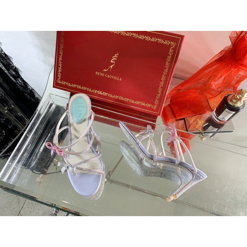 Dép cao gót 4 quai nhỏ đính đá thương hiệu Rene Caovilla da thật cao cấp