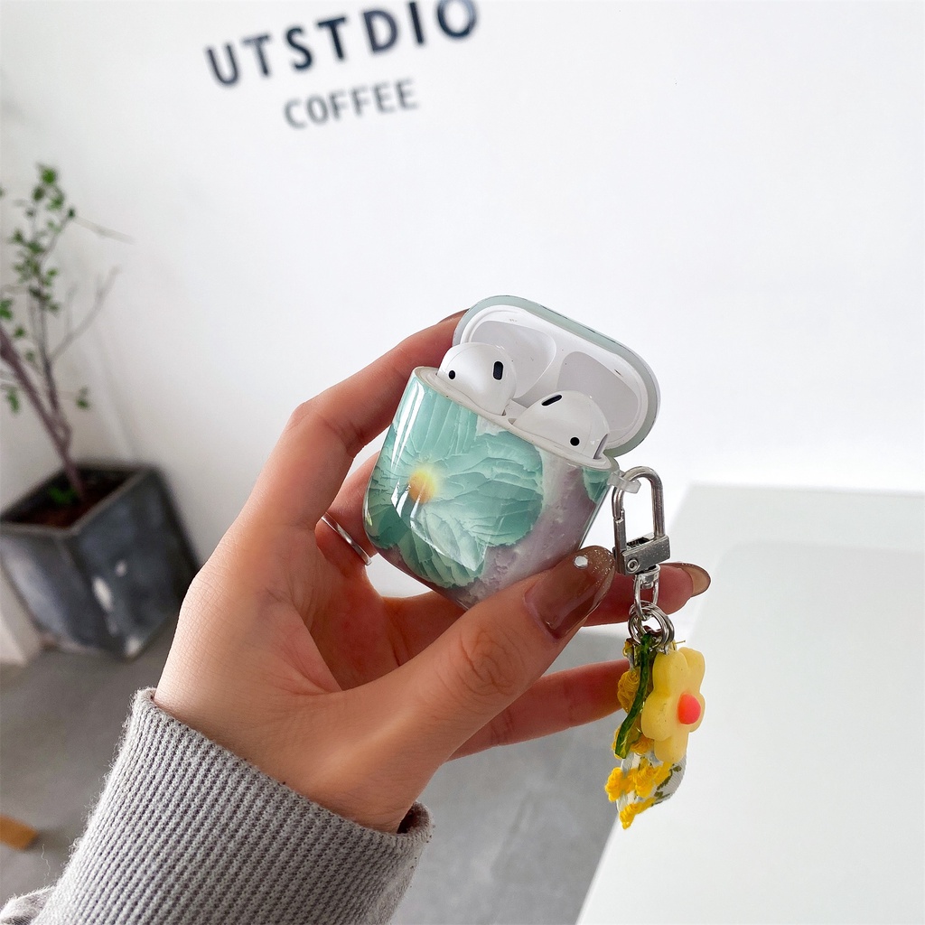 Vỏ Bảo Vệ Hộp Sạc Tai Nghe Bluetooth Không Dây AirPods 1 2 pro 3 2021 gen3 Hình Hoa Màu Xanh Lá Sáng Bóng