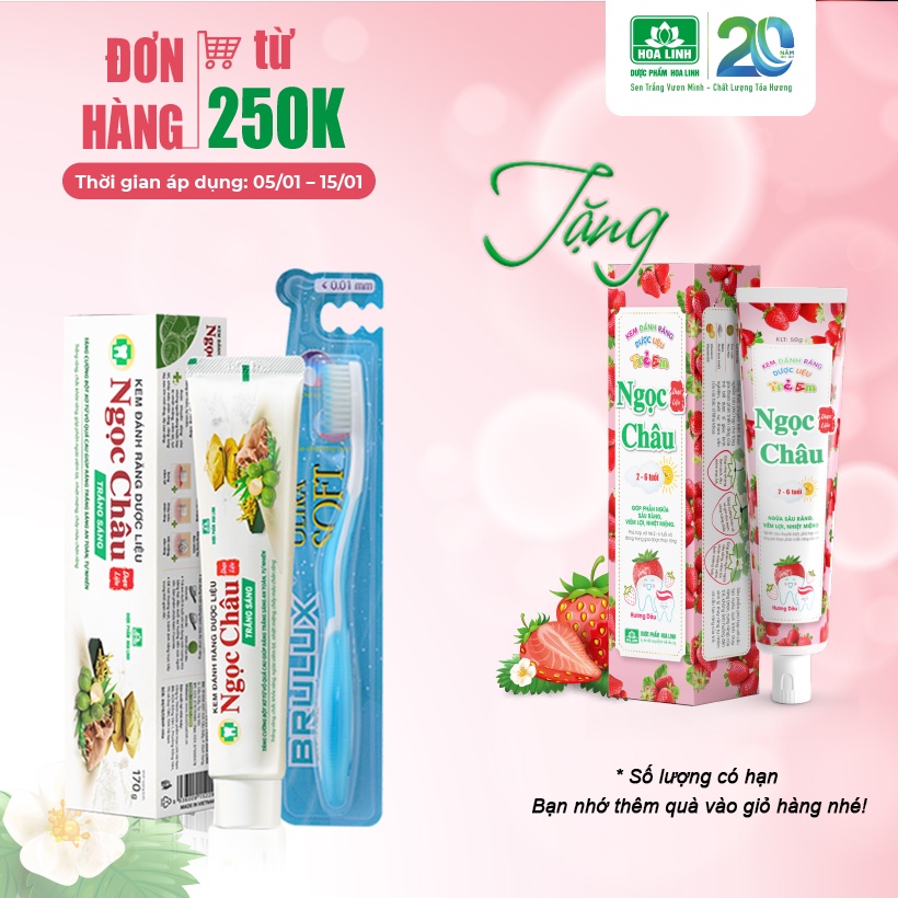 {MỚI} Combo Kem đánh răng dược liệu Ngọc Châu Trắng Sáng 170g + Bàn chải đánh răng Brulux (Tiết kiệm 14,000đ)