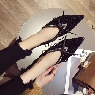 Giày mules đính đá mũi nhọn gót 4cm