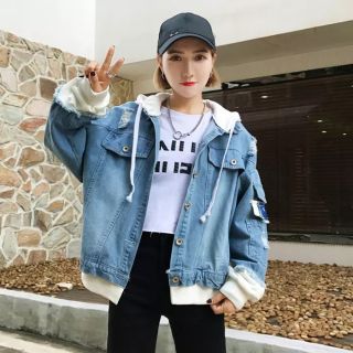 Hàng order - Khoác jeans phối hoodie có mũ