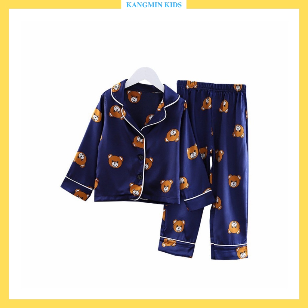 Bộ Pijama lụa dài tay cho bé trai bé gái in hình Gấu Kangminkids, đồ ngủ pizama cho bé trai bé gái cho bé Từ 6-28kg