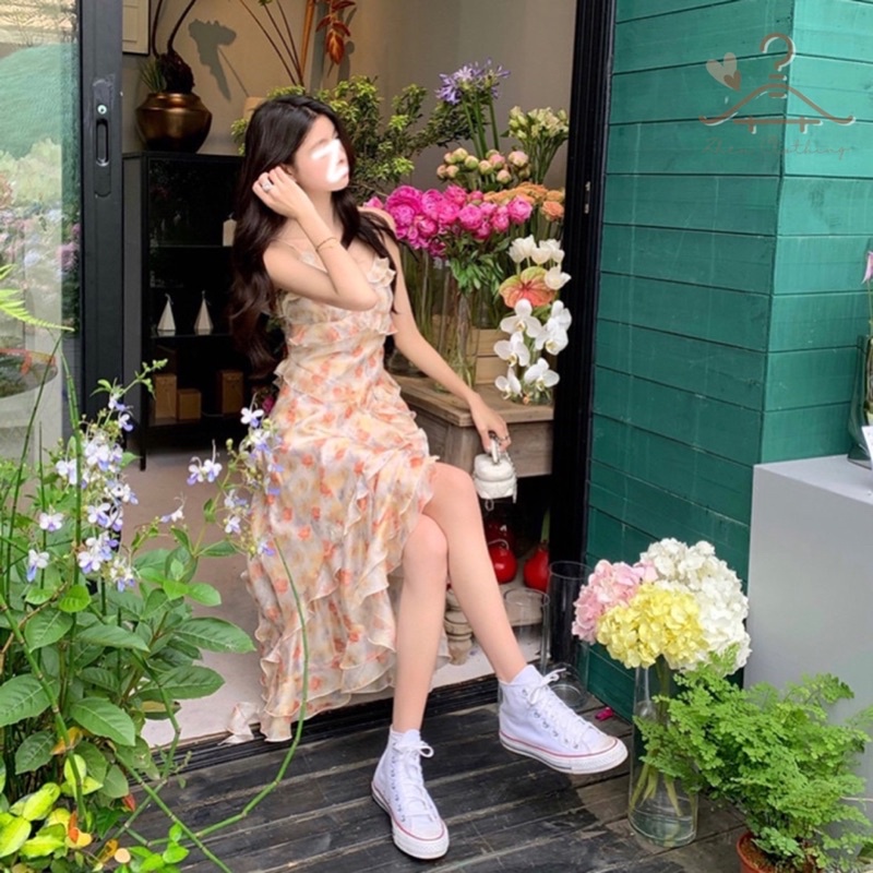 Đầm hai dây hoa xẻ tà tầng chéo ngọt ngào, váy hai dây đi biển