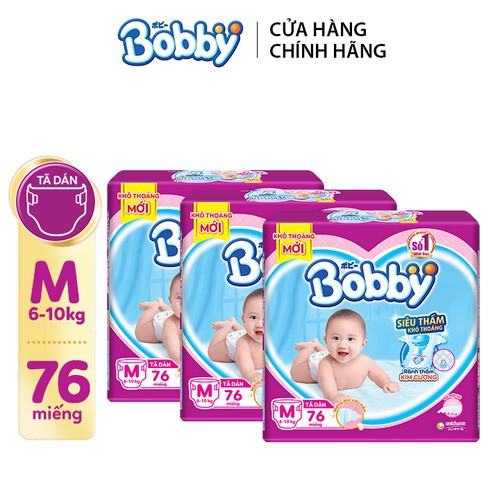 Combo 3 Tã dán Bobby đệm thun thấm mồ hôi đủ size M76/L68/XL62/XXL56