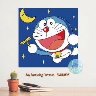 Tranh sơn dầu số hóa có khung tự tô màu theo số BAY LƯỢN CÙNG DOREMON SNHH008 ( Tranh tô màu hoạt hình góc sắc màu )