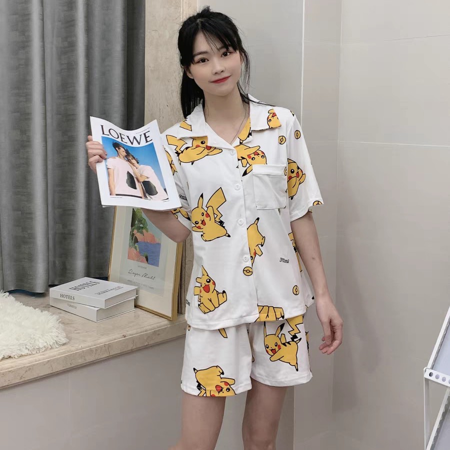 Bộ đồ ngủ nữ kiểu mới Nhật Bản Pikachu dài tay cặp đôi sinh mặc trong nhà có thể bên ngoàiE