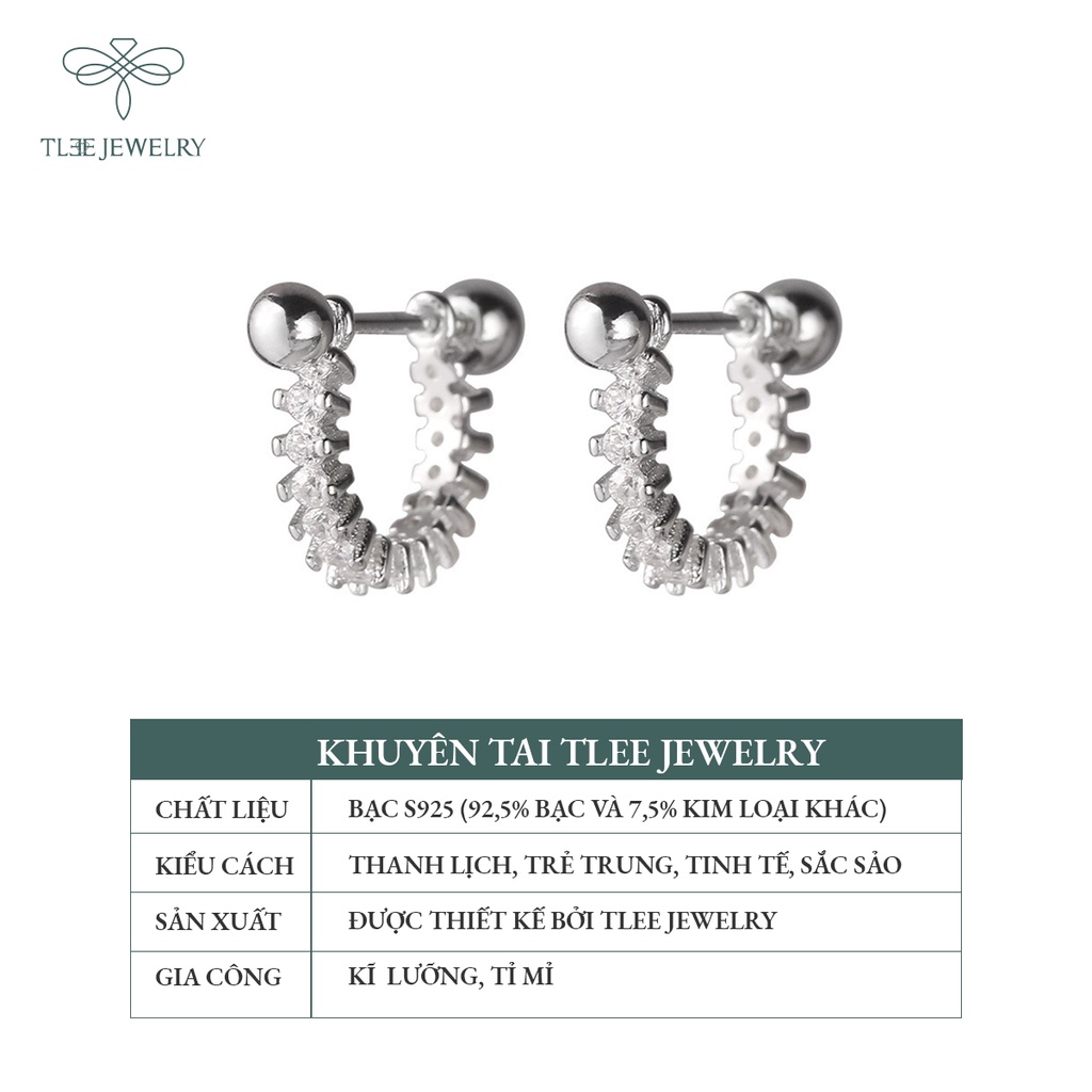 Khuyên tai bạc unisex TLEE cong nạm đá chốt vặn thẳng NCJ B0149