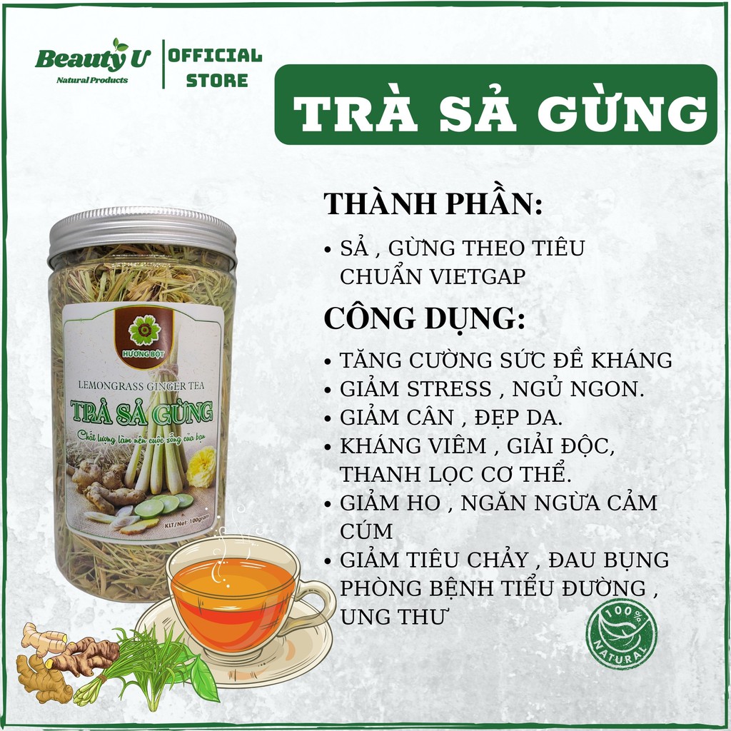 Trà Sả Gừng 100% Thiên Nhiên Hỗ Trợ Giảm Cân , Làm Đẹp Da , Thanh Lọc Cơ Thể , Tăng Cường Hệ Miễn Dịch , Chống Lão Hóa