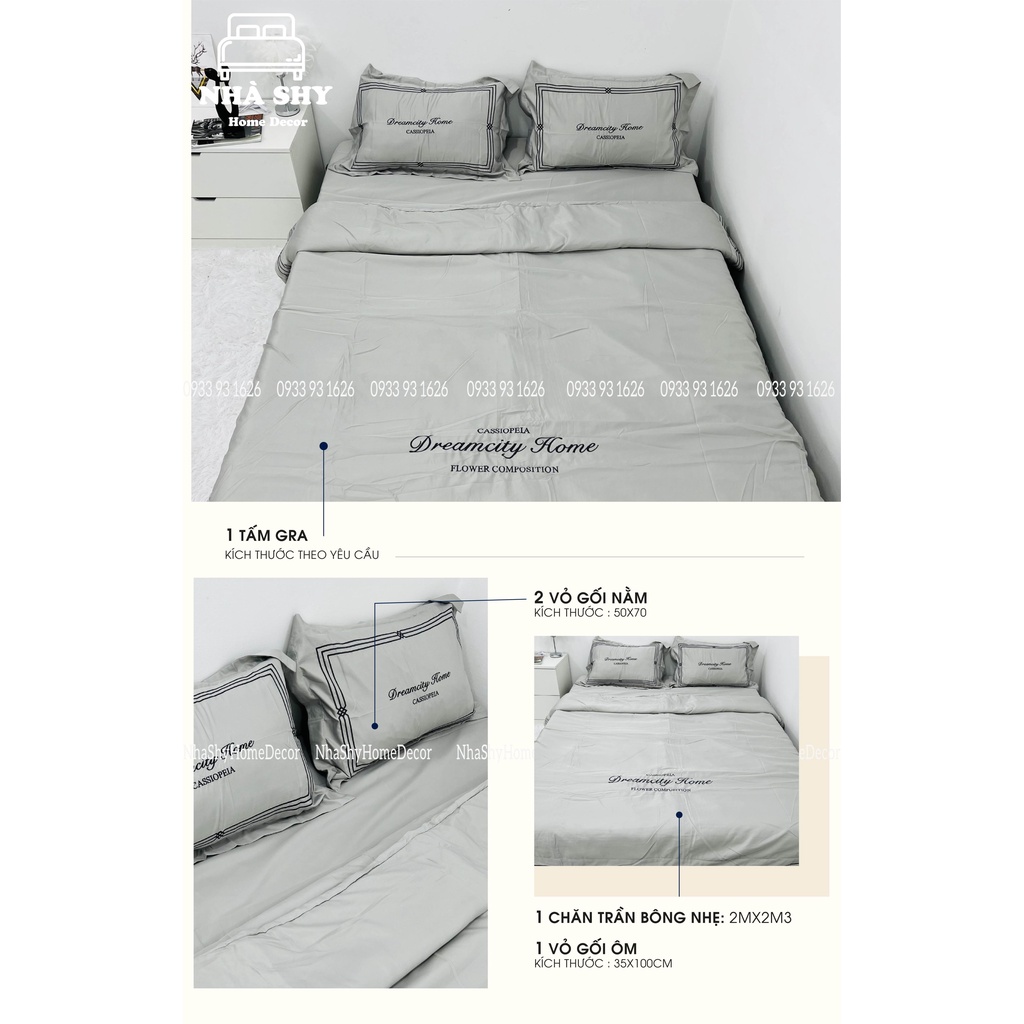 Trọn Bộ Chăn Ga Vỏ Gối Lụa Cotton Viền - Họa Tiết Thêu Dream City Home