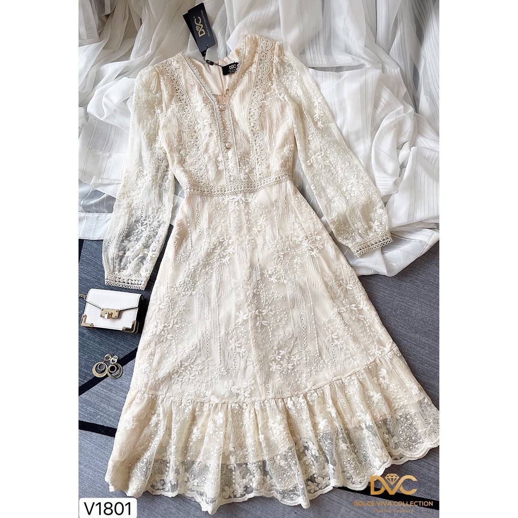 [Mã FAGREEN1505 giảm tới 30K đơn 99K] Váy ren kem thiết kế V1801 - Đẹp Shop DVC (Kèm ảnh thật trải sàn do shop tự chụp) | BigBuy360 - bigbuy360.vn