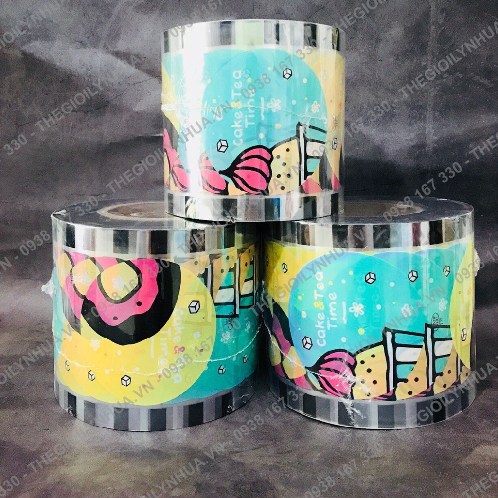 Màng dập ly nhựa, cuộn keo ép ly nhựa, màng ép ly trà sữa in sẵn từ 300ml đến 700ml hiệu HS NEW đủ 2400 ly/cuộn Tea Cake