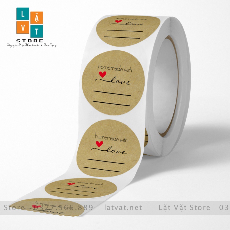 Tem tròn decal Handmade With Love có dòng để ghi chú cho khách, cảm ơn tri ân khách hàng, cảm ơn khách yêu.