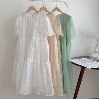 Váy babydoll dáng dài, đầm nữ cộc tay phom rộng dáng suông họa tiết chấm bi 2 lớp freesize  hàn quốc Wikishop C1031