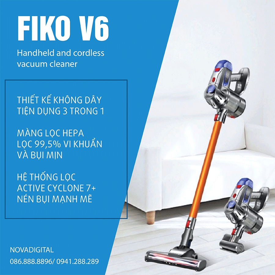 Máy hút bụi cầm tay không dây FIKO V6 - Đa năng cho gia đình, hút giường đệm nệm sofa xe hơi với lực hút mạnh