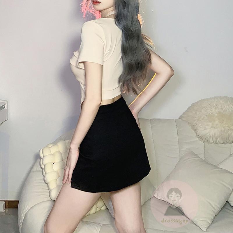 Áo Thun Ngắn Tay Ôm Dáng Phối Dây Xích Thắt Nút Ngực Màu Sắc Độc Đáo Thời Trang Mùa Hè Cho Nữ