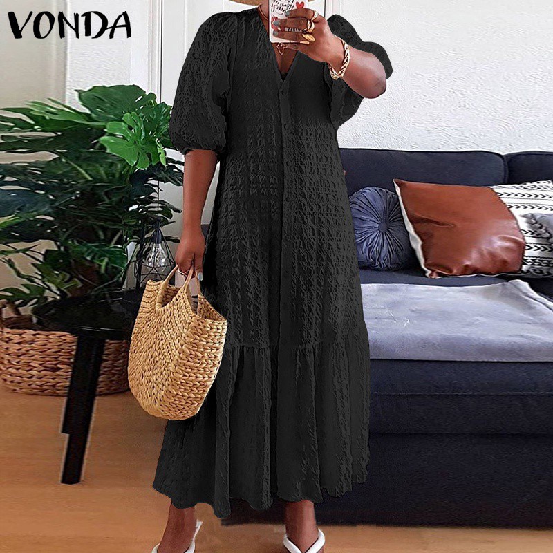 Đầm maxi VONDA màu trơn cổ v thiết kế xếp ly tay lửng có gài nút | BigBuy360 - bigbuy360.vn