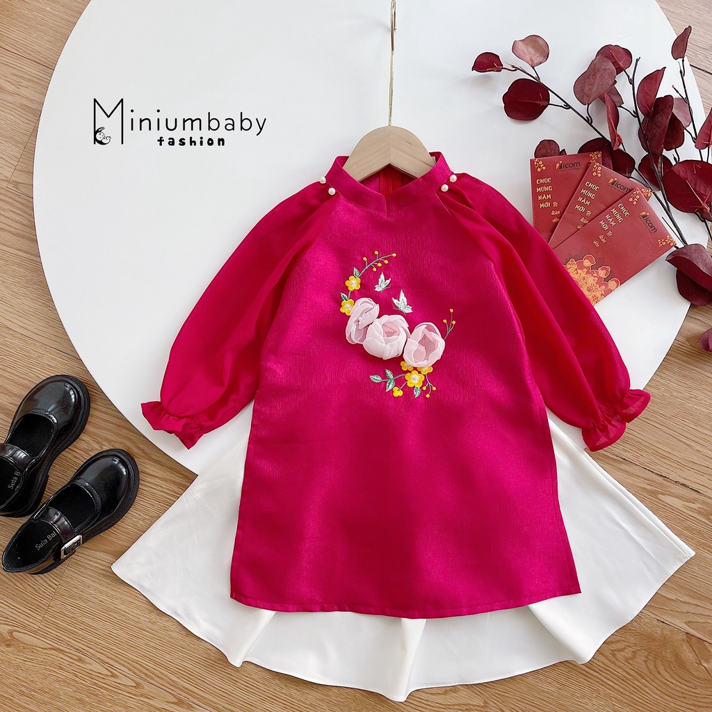 Set bộ áo dài cho bé gái, mẫu thiết kế áo dài cách tân họa tiết hoa mẫu đơn cho bé  MINIUMBABYFASHION AD1121