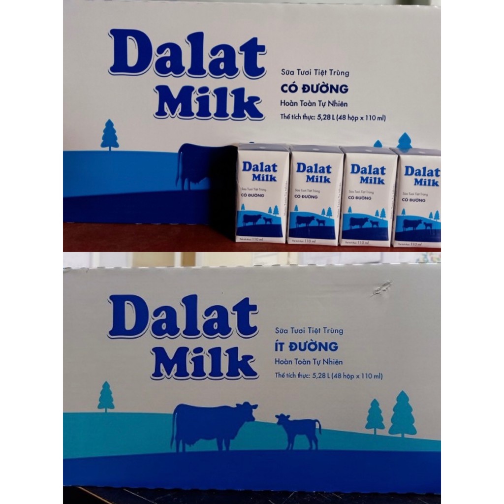 Thùng sữa Đà Lạt milk 48 hộp/110ml ( có đường, ít đường, không đường) Date mới nhất