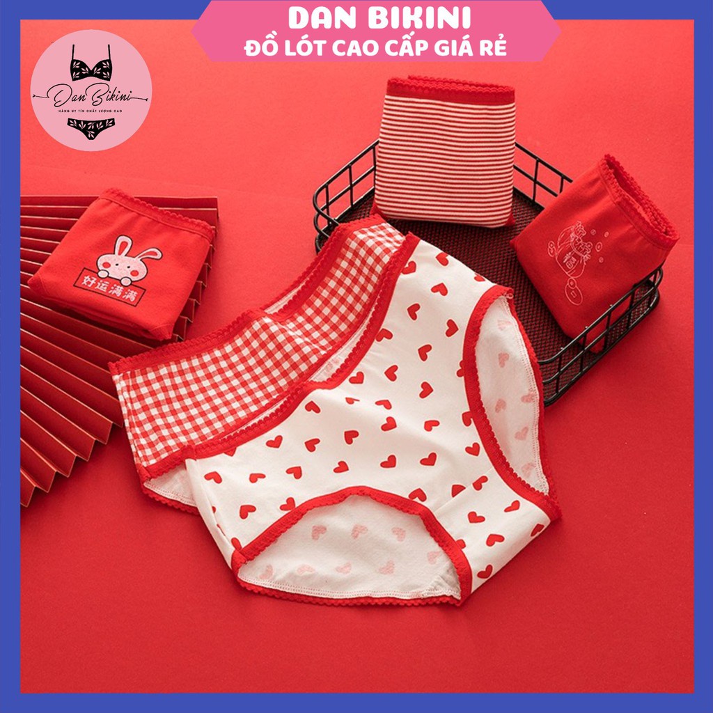 Quần Lót Nữ ❤️FREESHIP❤️ Quần Cotton Nữ tông đỏ hoạ tiết hoạt hình đáng yêu❤️Quần Lót Cotton Nữ phối viền ren mã L899