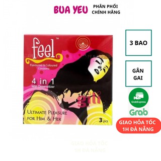 Hộp 3 bao cao su Feel  4 in 1 hương dâu gân gai kéo dài thơi gian