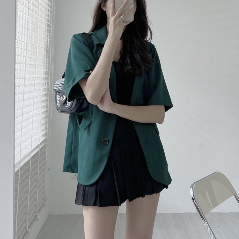 Áo blazer cộc tay xanh - nâu