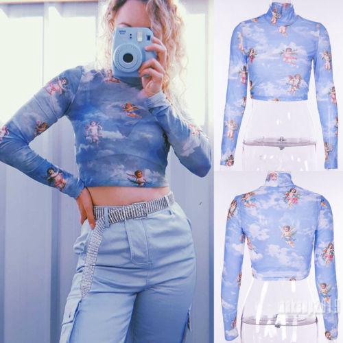 Áo Croptop Lưới Xuyên Thấu Tay Dài In Hình Thiên Thần Quyến Rũ Cho Nữ