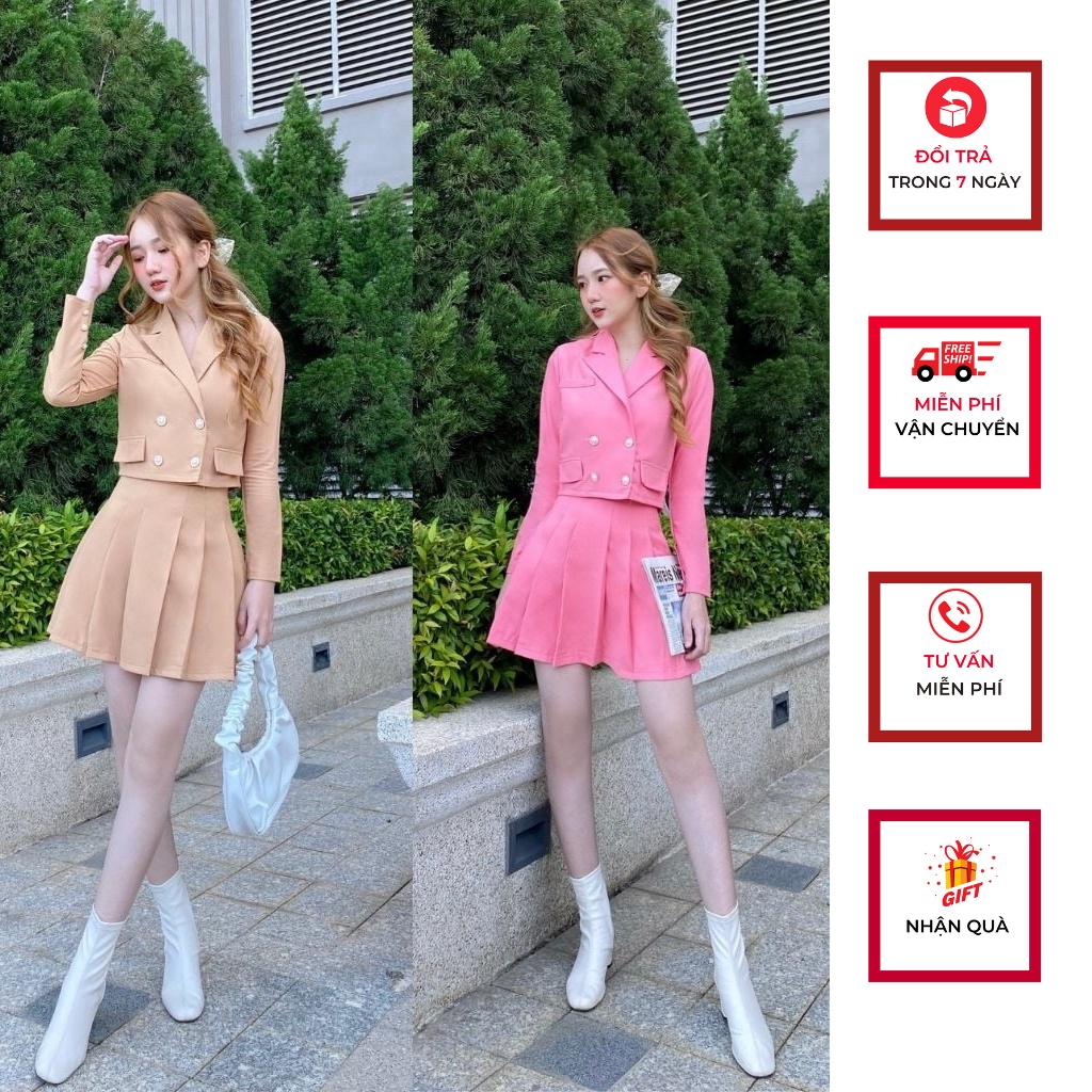 Set áo croptop, set vest chân váy, tiểu thư chân váy xếp ly xinh phong cách Hàn
