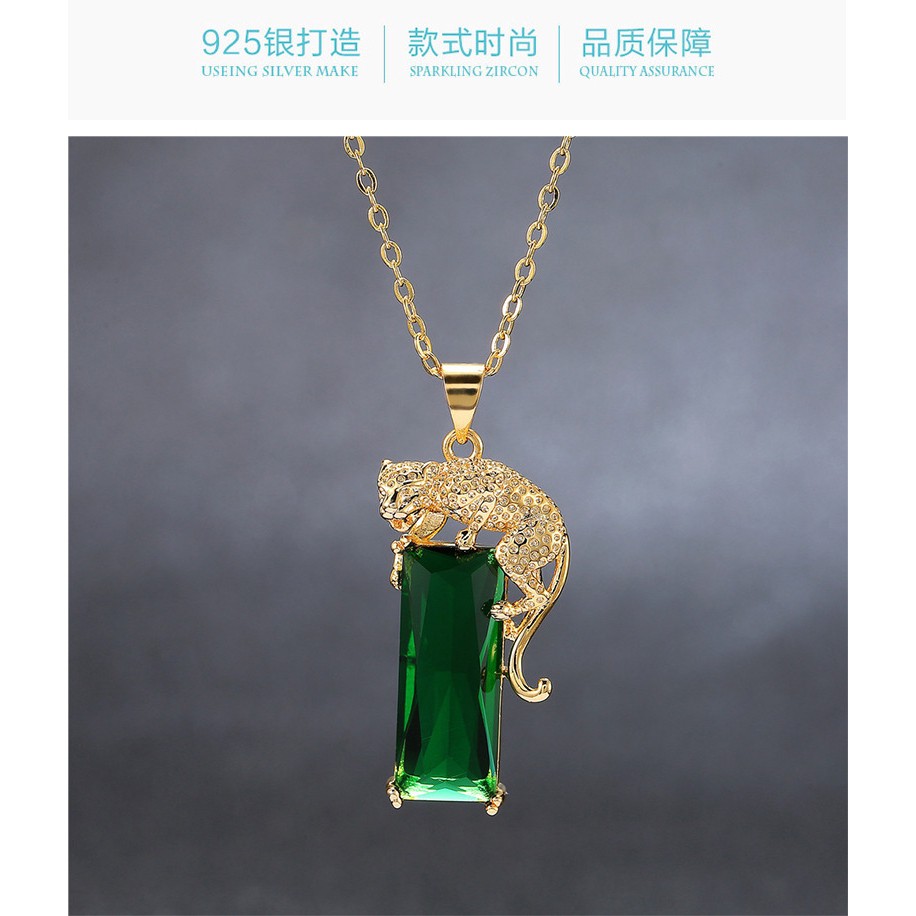 Mặt dây chuyền hình con báo đính đá thạch anh màu xanh lá thời trang châu âu-3977