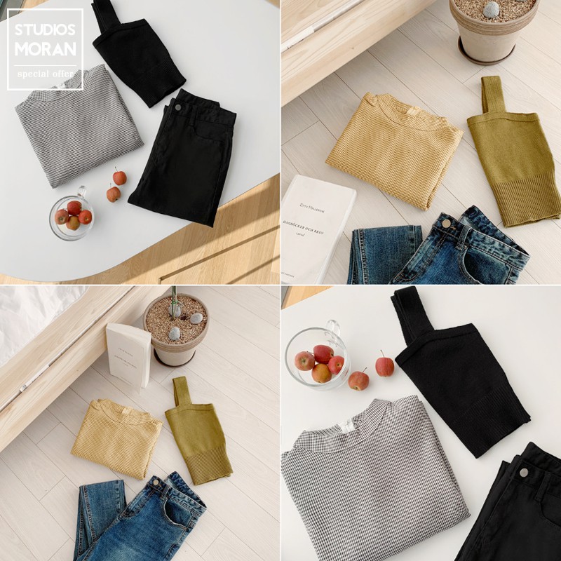 (HÀNG SẴN) Set áo sơ mi kẻ sọc MORAN + Áo vest len hai dây ôm dáng điệu đà tiểu thư | BigBuy360 - bigbuy360.vn