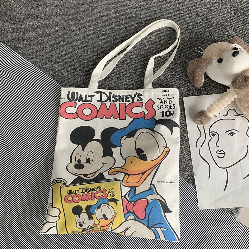 Túi xách Canvas có khóa kéo họa tiết vịt donald hoạt hình phong cách Nhật bản